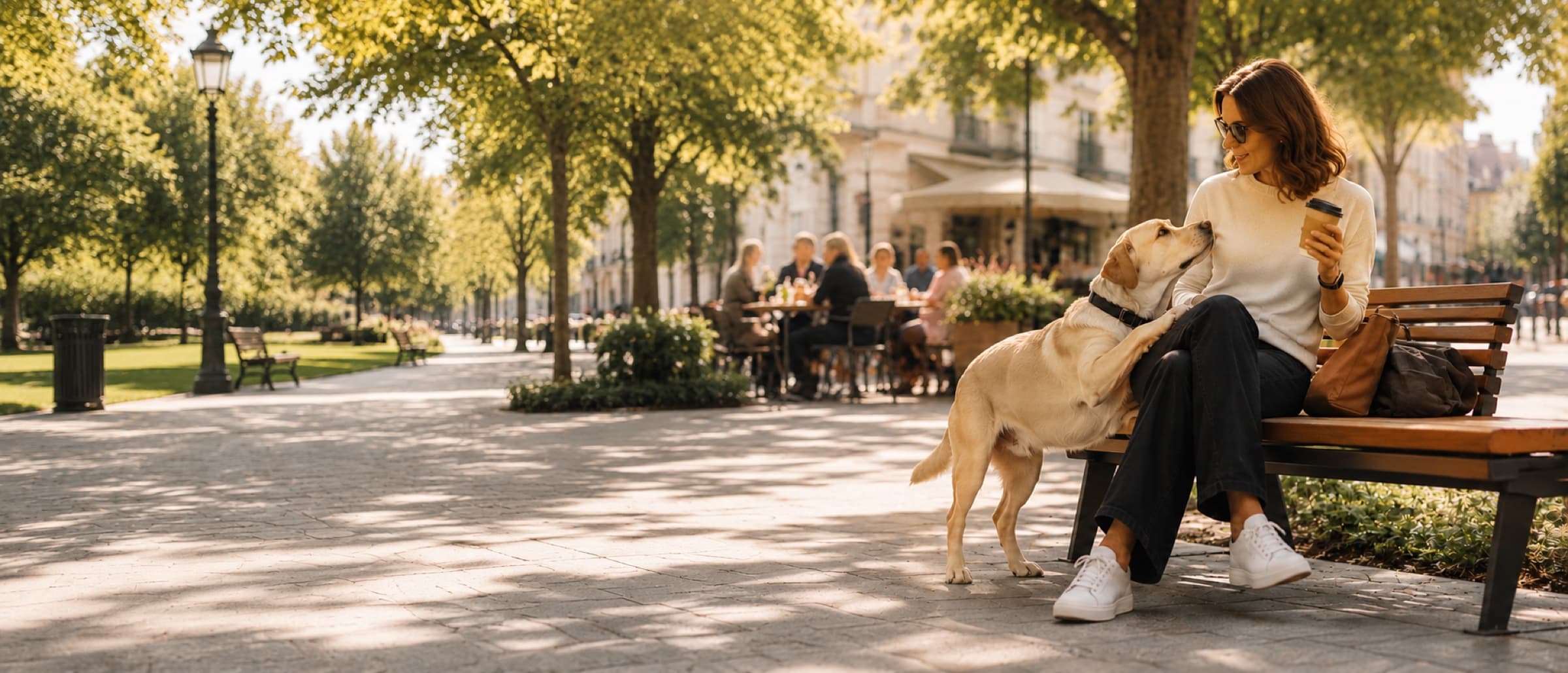 A woman sitting on a park bench, her dog resting a paw on her knee
