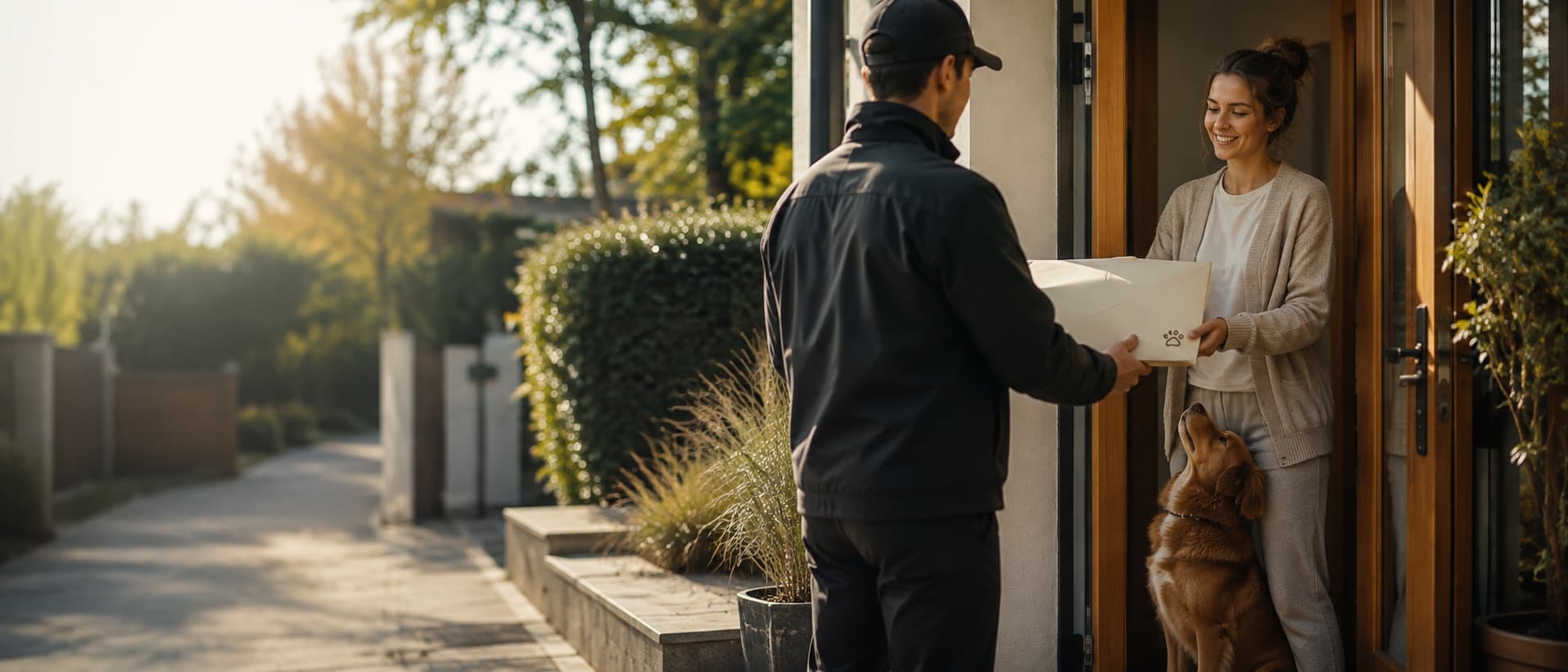A PETIQ courier handing an envelope of travel documents to an owner at their front door, their dog beside them