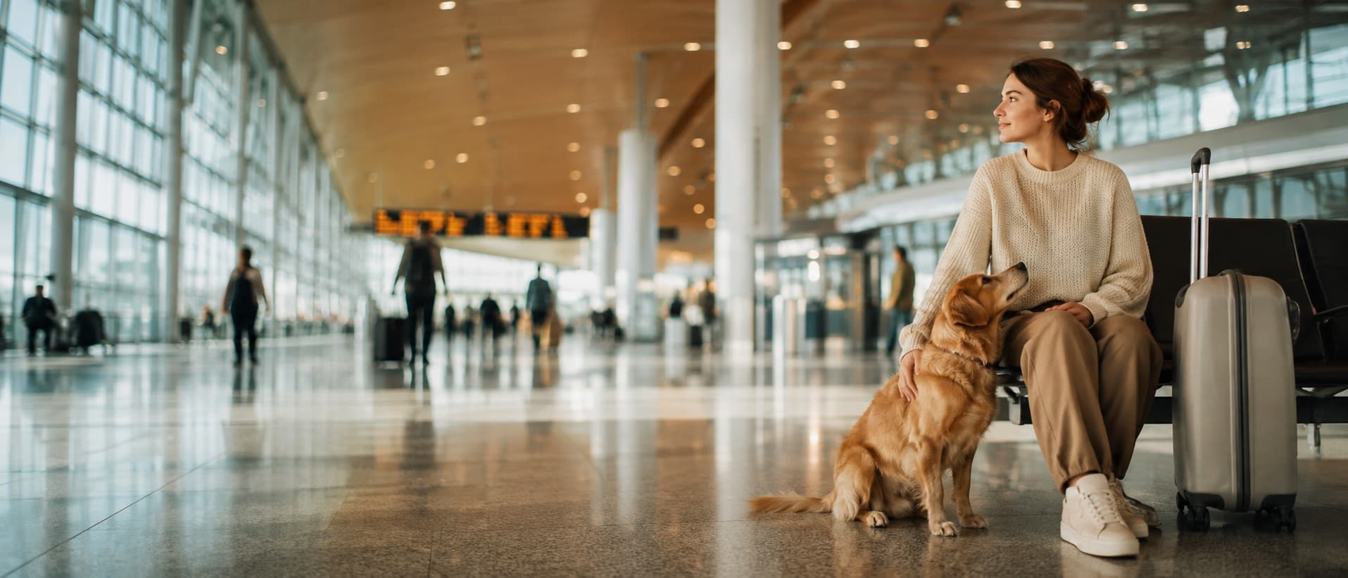 A woman waiting calmly at the airport with her dog beside her and a suitcase